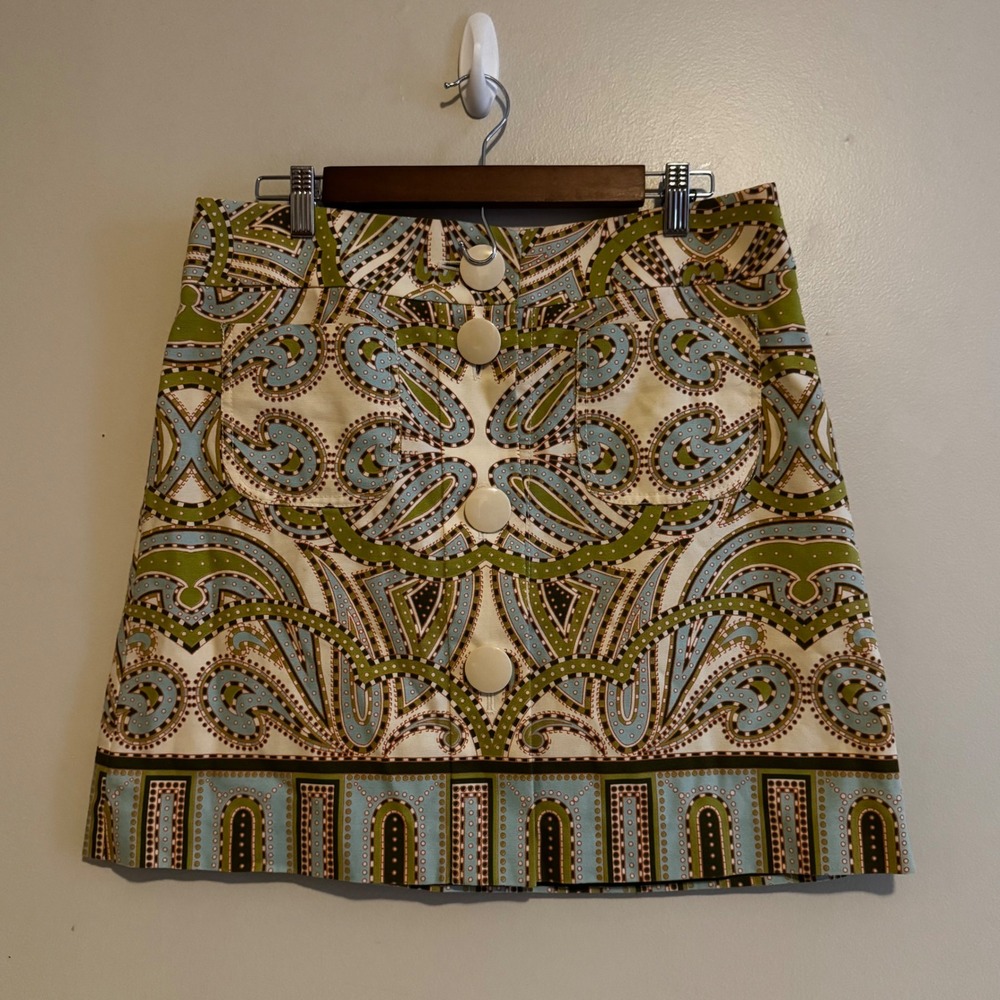 J.Crew Sz10 Green Blue Paisley Button Front Mini Skirt 100% Cotton Novelty Fall